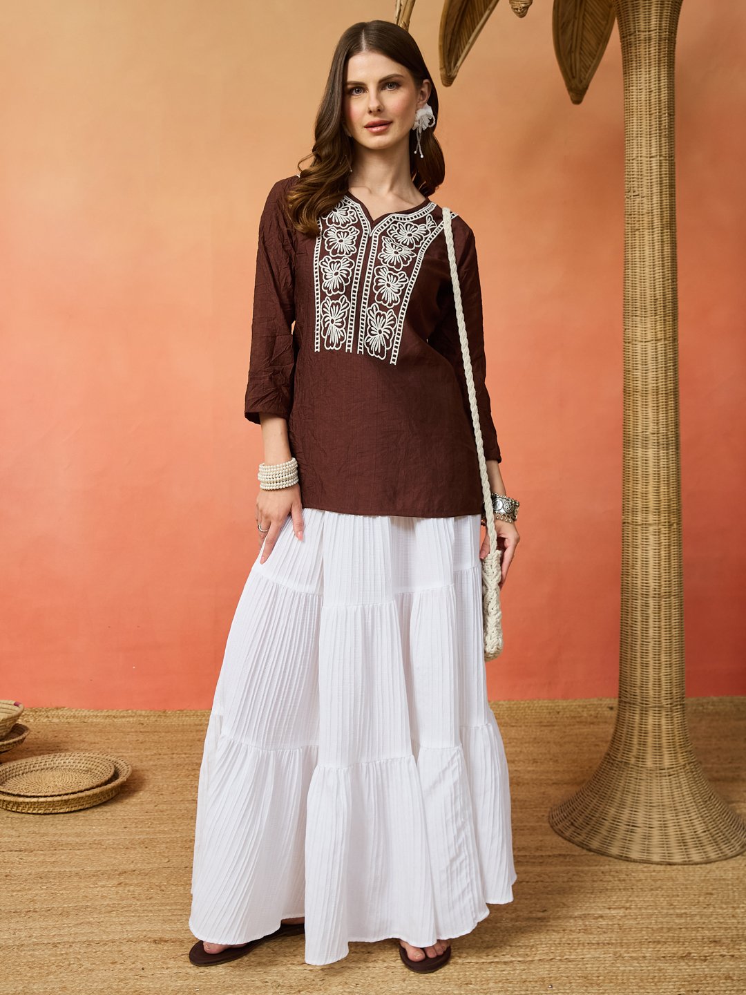 Women's Brown Embroidered Kurta with White Flared Skirt Set