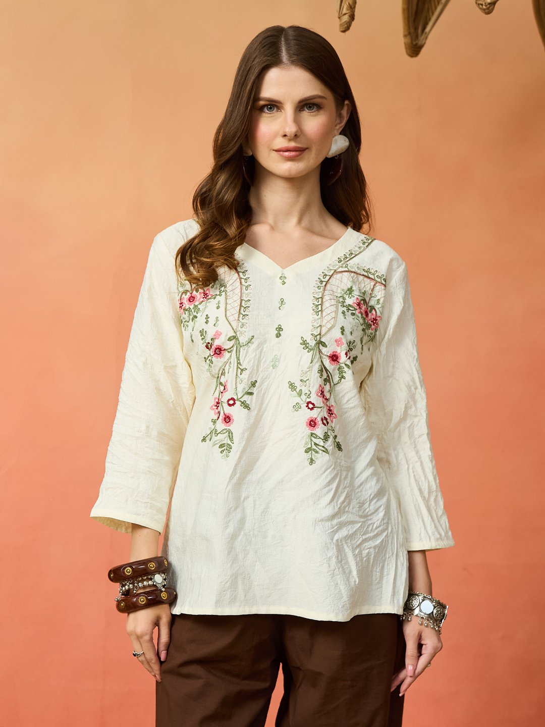 Women’s Cream Floral Embroidered V-Neck Tunic Top